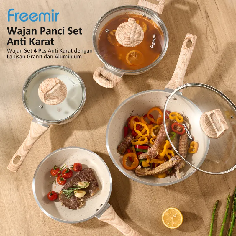[SPECIAL LIVE]  freemir 4 Pcs Set Wajan Panci Anti Lengket Super Wok Pan Premium Beige Tutup Kaca Original Jumbo Besar Lengkap 1 Set Kitchenware 1