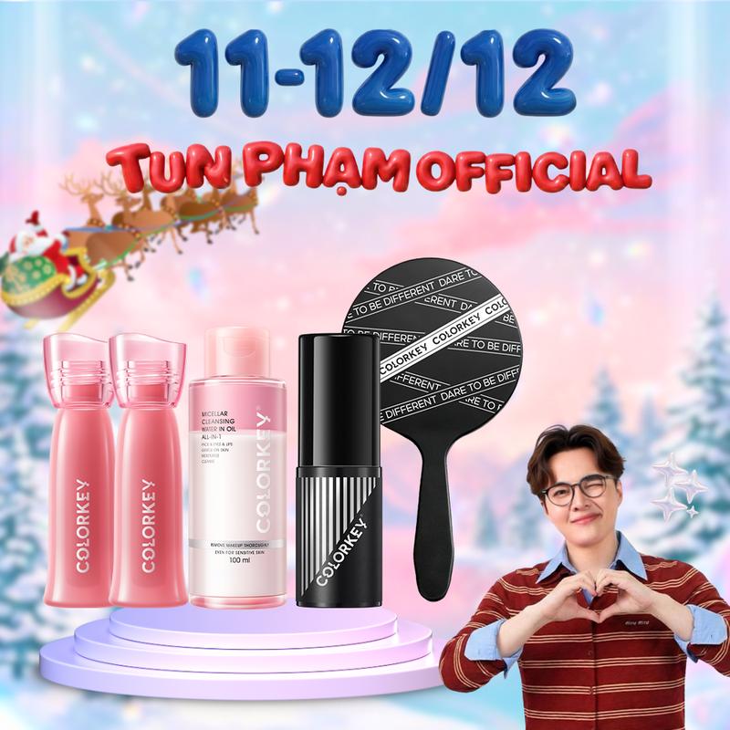   EX-TUN PHẠM  COLORKEY COMBO 5 MÓN: 1 Xịt Khóa 30ml + 1 Tẩy Trang 100ml + 1 Son New Version 1g Màu R300 + 1 Son New Version 1g Màu O308+ 1 Gương Cầm Tay 