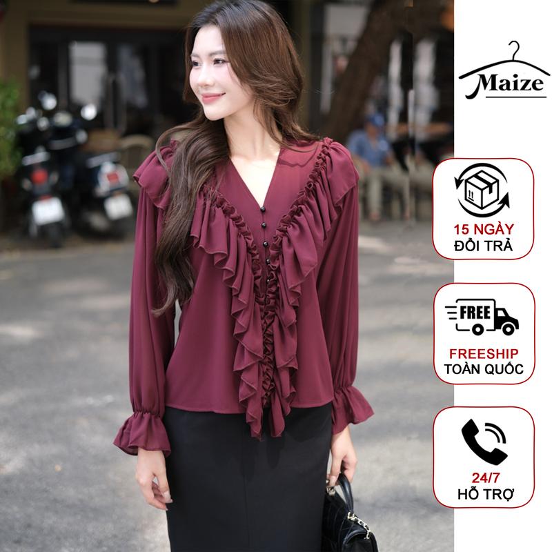 Áo sơ mi Voan nữ 2 lớp dài tay bèo ngực Maize thiết kế sang chảnh, chất liệu Voan mềm mại chống nhăn