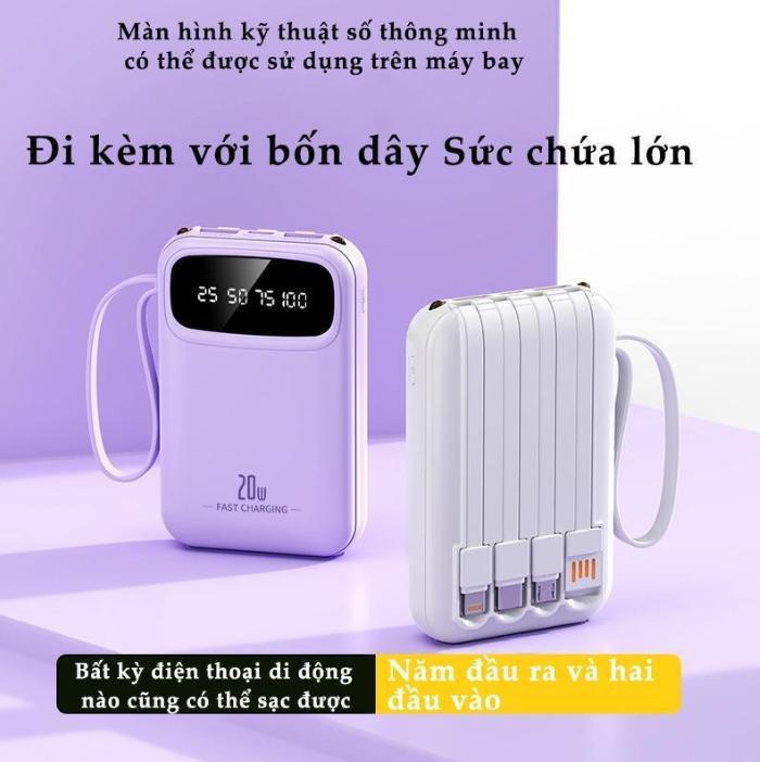 COD Sạc dự phòng 20000mAh đa năng, hỗ trợ sạc nhiều thiết bị cùng lúc, tích hợp 4 dây sạc tháo rời tiện dụng, tương thích dây Linghtning, USB, Type-C, Micro, pin ổn định, phù hợp đi du lịch, công tác