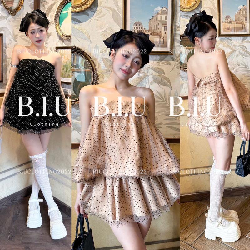  Set áo quây phồng bí chân váy xòe họa tiết chấm bi phối lưới Cala Set Biu Clothing BB0530 