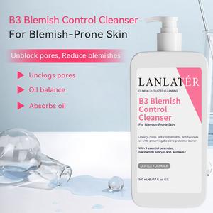 LANLATER B3 Blemish Control Cleanser untuk Kulit Berkelipan Unblock Pores Reduce Blemishes Oil Balance Absorbs Oil Facial Wajah 500 mL