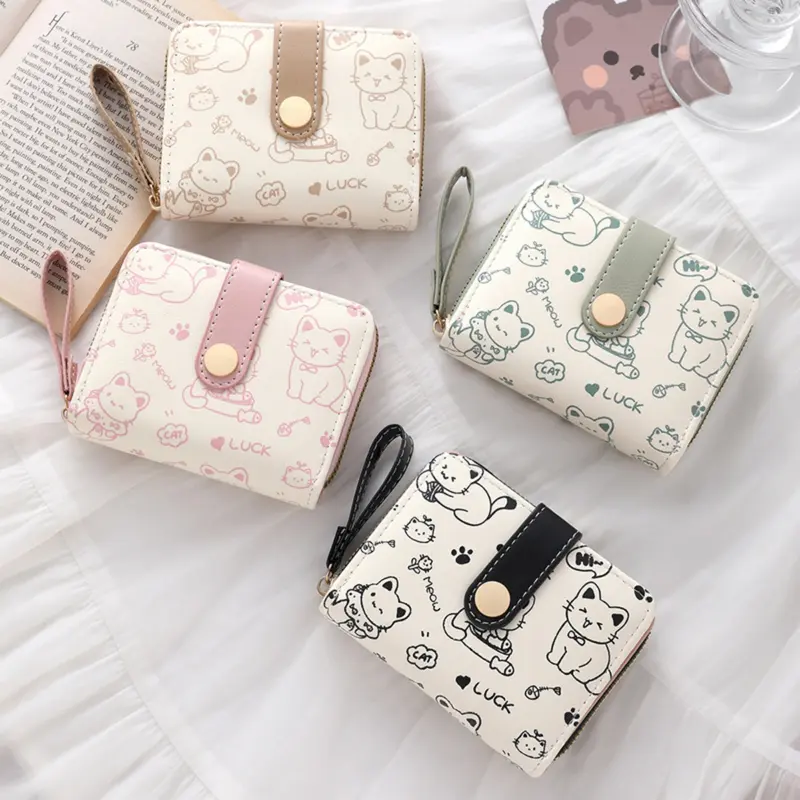 Dompet wanita resleting karakter cat kucing kartun Dompet pendek kancing bahan kulit PU import jepang estetik Dompet lipat untuk kartu koin uang fashion Wallet leather double fold cantik korean style terbaru anti air Kado hadiah gift 1