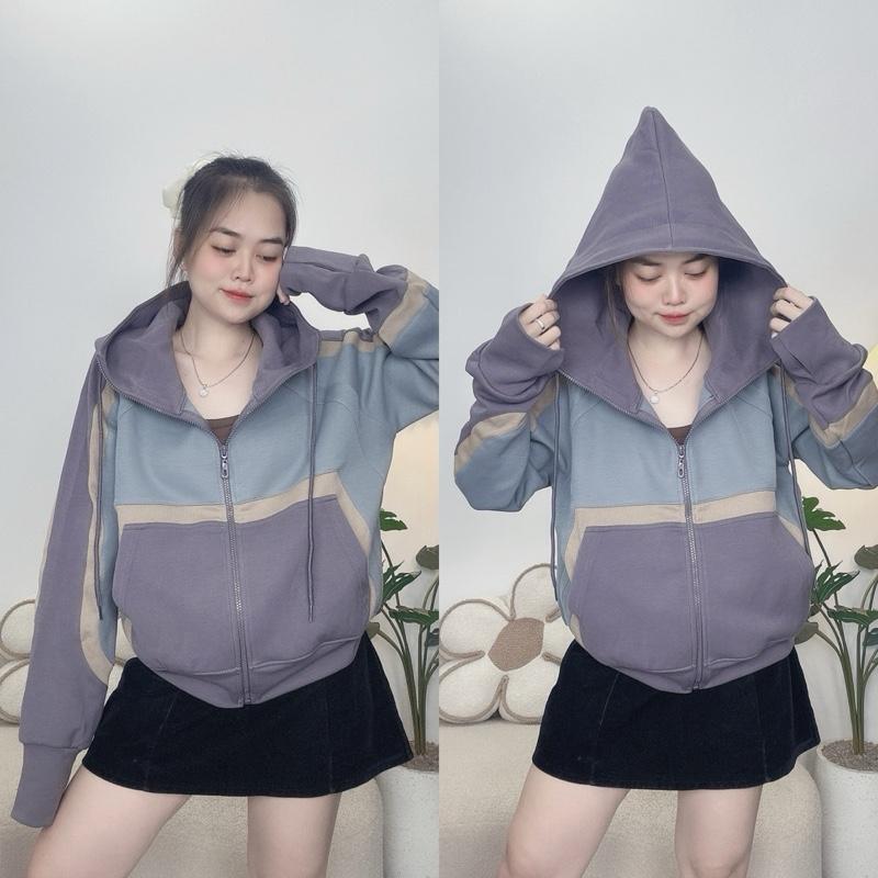 FORM BOXY Áo Khoác nữ Coton PC Phối Màu Form BOXY Rộng Rãi Trẻ Trung Năng Động Nón To đi nắng 6 túi có khóa kéo tiện lợi - Nhung Nguyễn