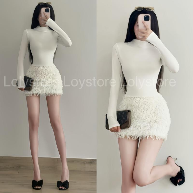  Đầm body nữ chất ladong mịn cao cấp cổ cao tay dài form ôm fit dáng phối váy lông ngắn sang chảnh Lolystore dress women XY724 