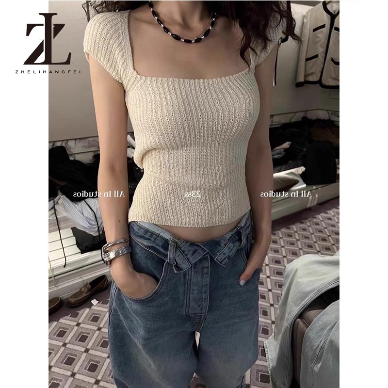 Áo dệt kim cổ vuông tay ngắn buộc dây hở lưng gợi cảm thời trang mùa hè dành cho nữ