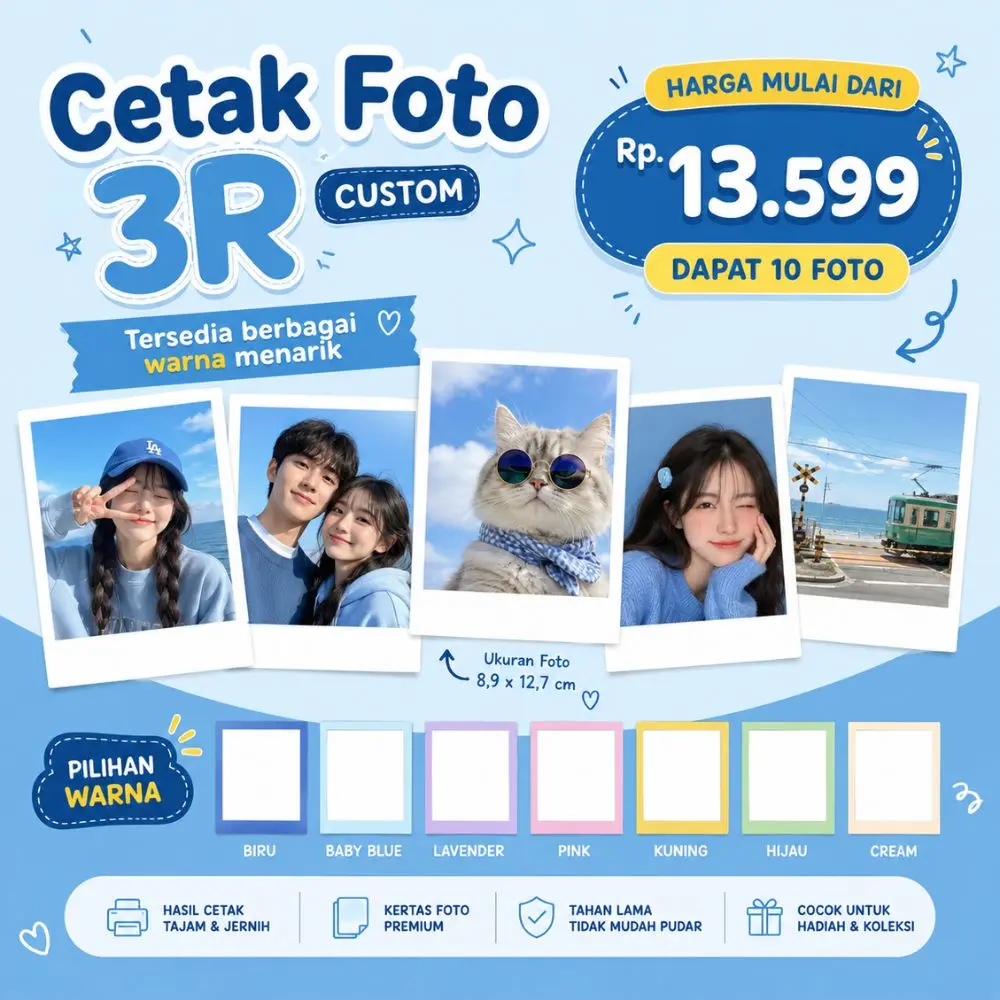 Cetak Foto 3R Custom . Ukuran 3R Paket Isi 10 & 20 Pcs Warna Bervariasi Kertas Art Carton 260 Gsm