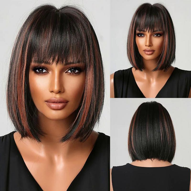 Product Introduction of Bob Short Straight Synthetic Wigs with Bangs Black Hair Wigs for Women Daily Cosplay Party Wigs Heat Resistant 22