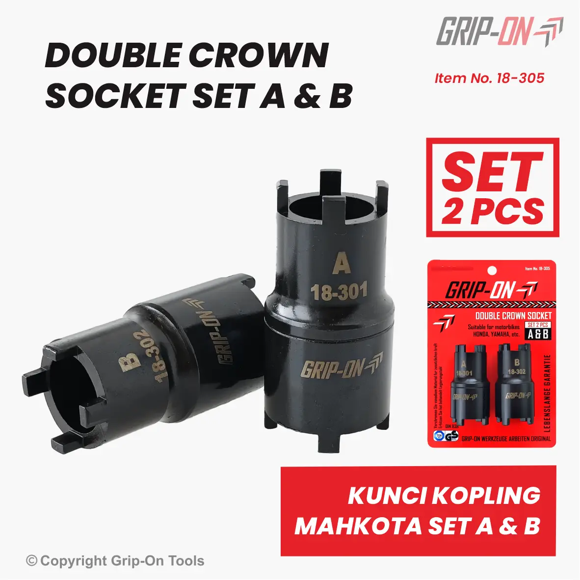 Grip-On Double Crown Socket Set 2Pc A & B – Grip-On Kunci Mur Kopling Mahkota Kaki 4 Set 2Pc A & B
