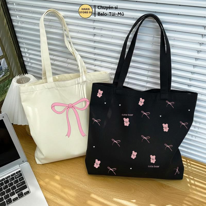 Túi tote túi vải canvas phong cách Hàn quốc có khóa miệng ngăn phụ bên trong thời trang ulzzang. Túi vải đựng đồ đa năng đi học đi làm đi chơi in hình hot trend labubu capybara Bag Nữ Chữ Nhật Đeo Vai