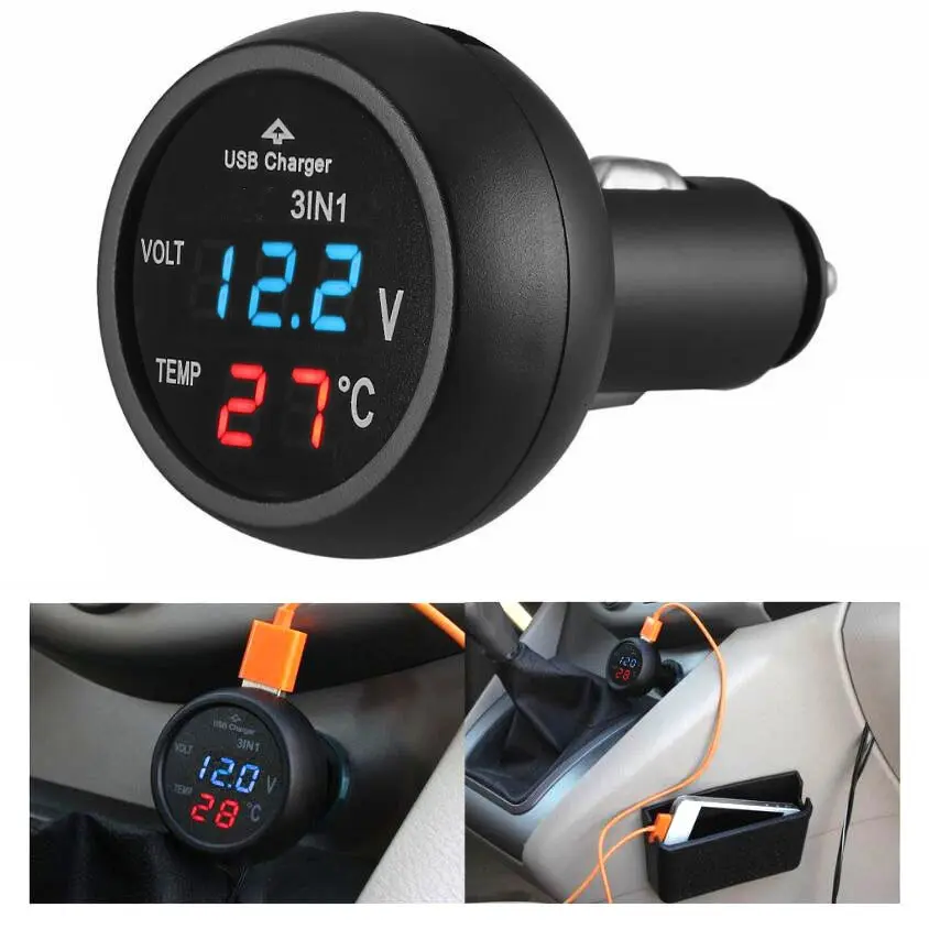 COD VST Charger Mobil USB 3in1 Voltmeter Thermometer Digital Display - VST-706 Terbaru Led