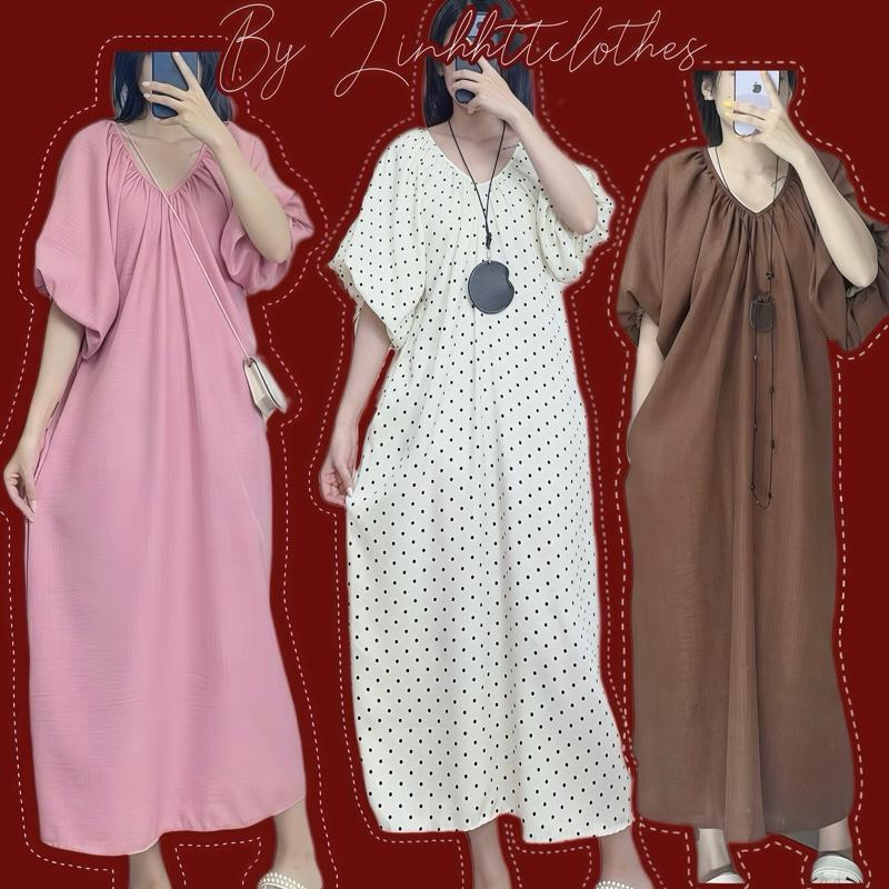  ￼Túi2bên~ĐẦM CỔ V TAY PHỒNG ĐŨI KHÔNG NHĂN FORM SUÔNG BASIC XẺ TÀ SAU VÁY SUÔNG FREESIZE 