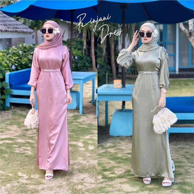 RINJANI DRESS GAMIS SATIN SILK TERMURAH PAKAIAN WANITA MUSLIM DRESS REMAJA PREMIUM FREE BELT PAYET DRESS POLOS MEWAH SIMPLE TERBARU 1