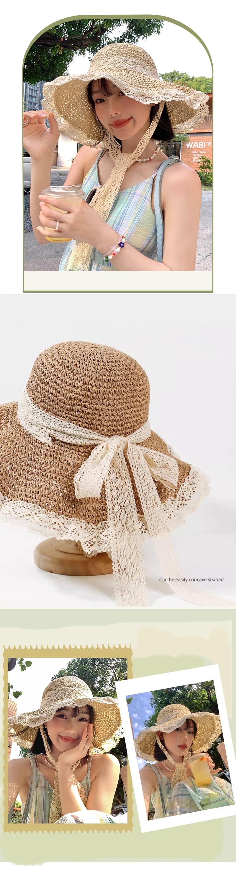 Product Introduction of Wide-brimmed straw hat with lace, windproof, Japanese style, beach hat, wide-brimmed sun hat for women 1