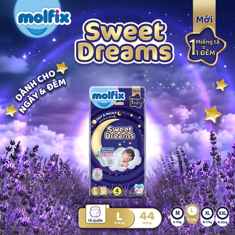[Tặng bình nước] Combo 2 Tã quần ban đêm cho bé Molfix Sweet Dreams Jumbo chống tràn hiệu quả với 20 tư thế ngủ size M52/L44/XL38/2XL34
