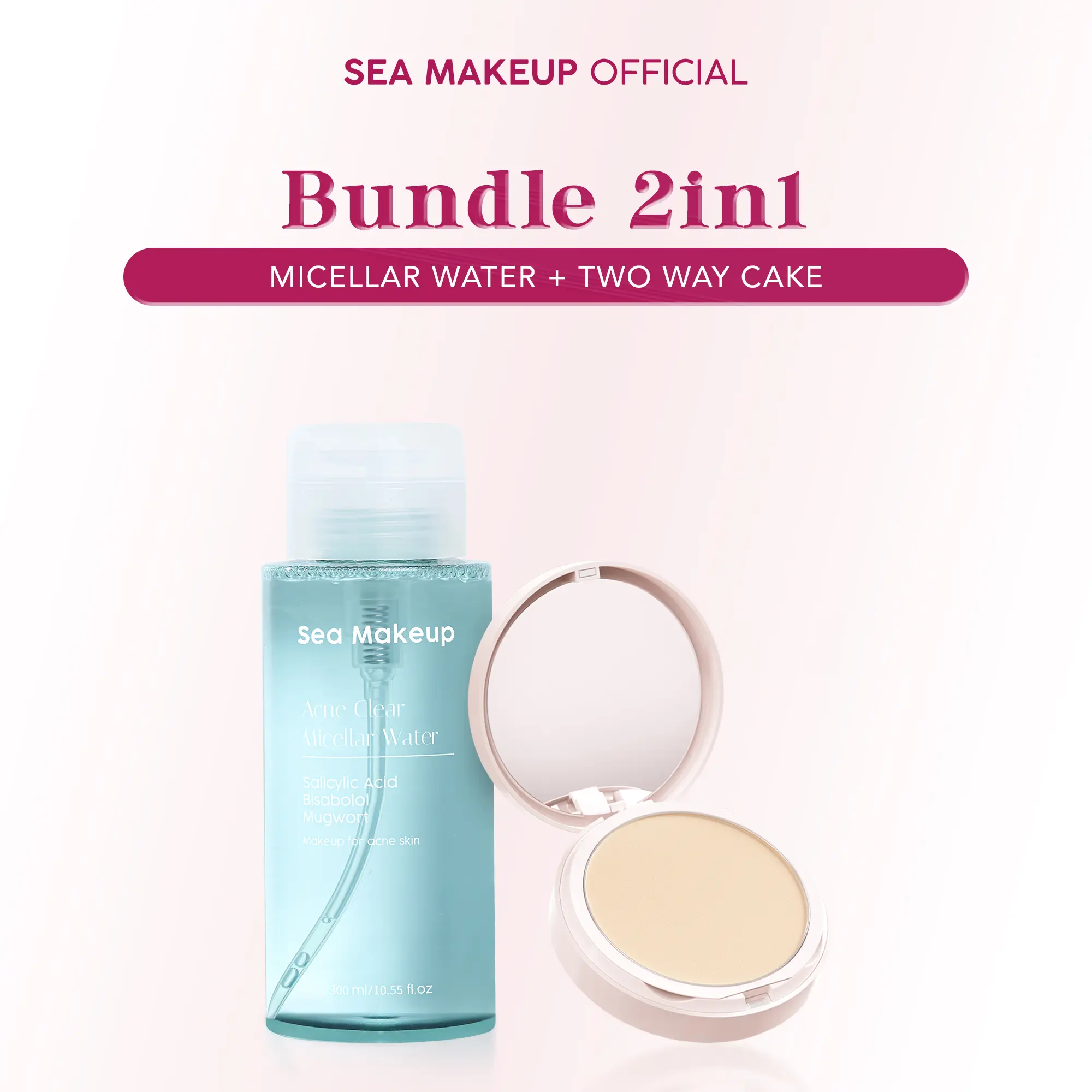Sea Makeup Bundle 2in1 Two Way Cake + Micellar Water - bedak padat high coverage dan micellar water membersihkan make up secara merata