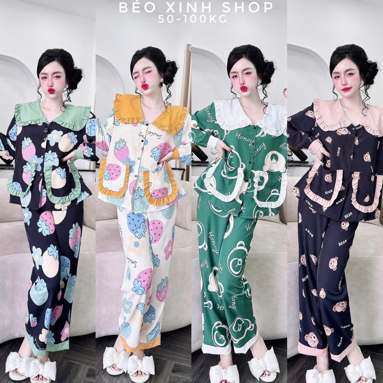Đồ Bộ - Đồ Ngủ Tay Dài Quần Dài Vải Lụa Nhật Phối Cổ Bèo Tiểu Thư Pijama Bigsize 50-100kg Bộ Ngủ Nữ Áo Ngủ Women Quần Ngủ - A.5650