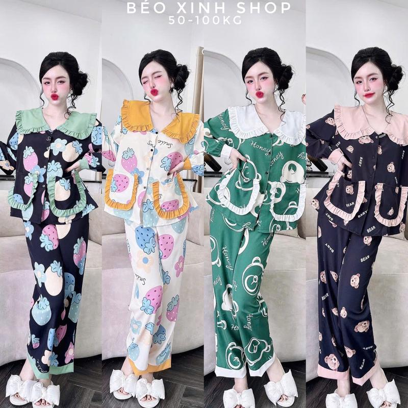  Đồ Bộ - Đồ Ngủ Tay Dài Quần Dài Vải Lụa Nhật Phối Cổ Bèo Tiểu Thư Pijama Bigsize 50-100kg Bộ Ngủ Nữ Áo Ngủ Women Quần Ngủ - A.5650 