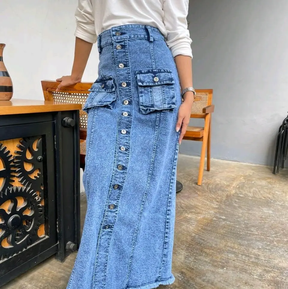 [Lboss] rok jeans panjang wanita saku depan full kancing