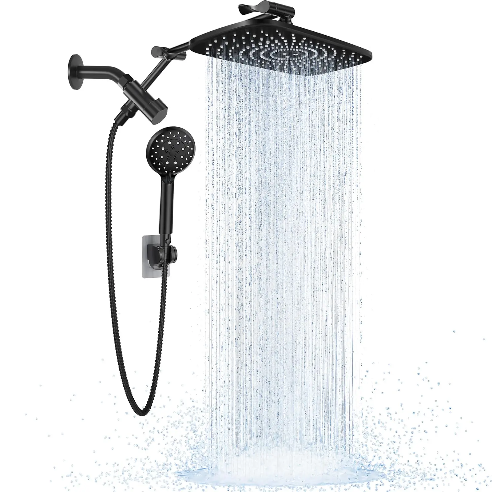 Wide Rain Shower Head with 6 Modes Handheld Water Spray，High Pressure Showerhead Combo with Arm for Bathroom Accessories，Home Decor Adjustable Dual Shower with Anti-Clog Nozzles,Silver Chrome