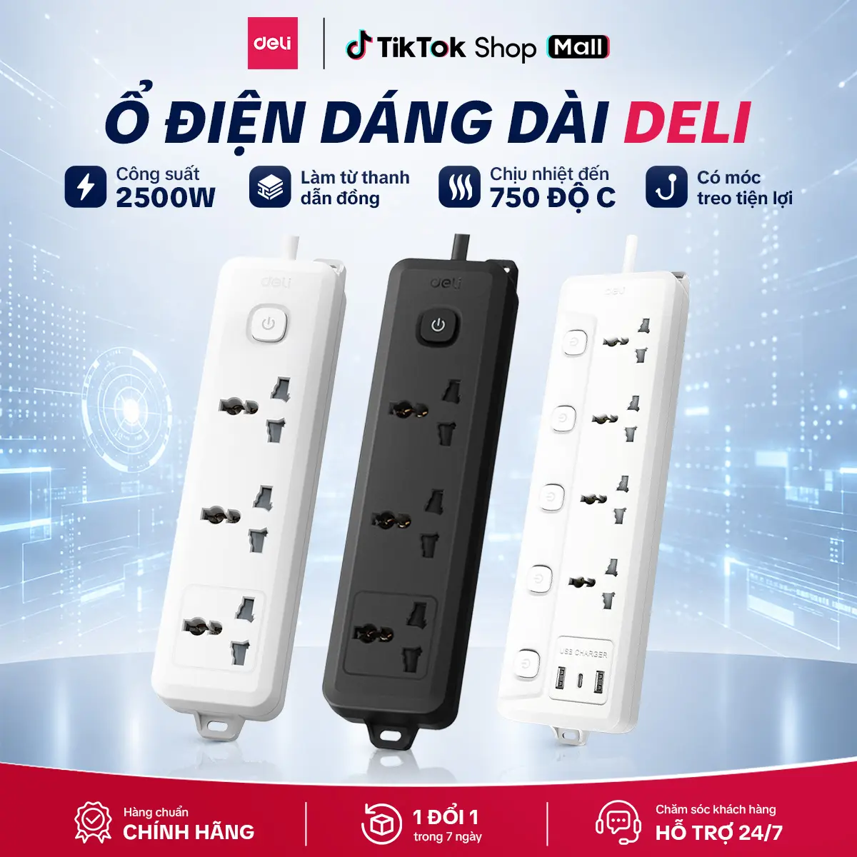 [ BẢN NÂNG CẤP] Ổ cắm điện đa năng Deli dáng dài 2500W tích hợp cổng USB, ổ cắm điện Deli tiện dụng, an toàn, chống cháy nổ, dây đồng chắc chắn, tải cao bảo hành 36 tháng du lịch ổ điện gắn tường