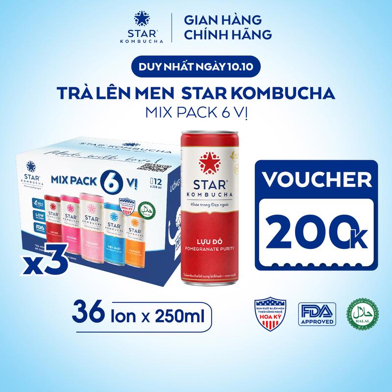 Combo 3 thùng 12 lon trà lên men STAR KOMBUCHA hữu cơ mix vị (250ml/lon) - có chứa probiotics từ trà lên men tự nhiên