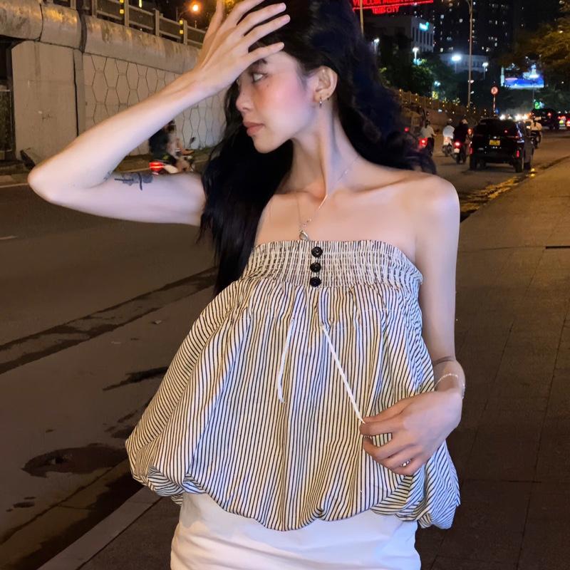 Áo Quây Kẻ Sọc Dáng Bí Phồng”PANDY Top” Cúc Ngực Mặc 2 Kiểu phong cách trendy,cá tính-Dành Cho Nữ
