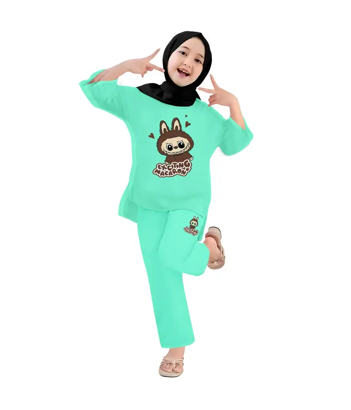 Baju Anak Perempuan - Setelan Kaos dan Celana Panjang Anak Cewek Fashion Pakaian Belah Usia 4-13 Tahun - Motif EXCITING LABUBU Hitam 2