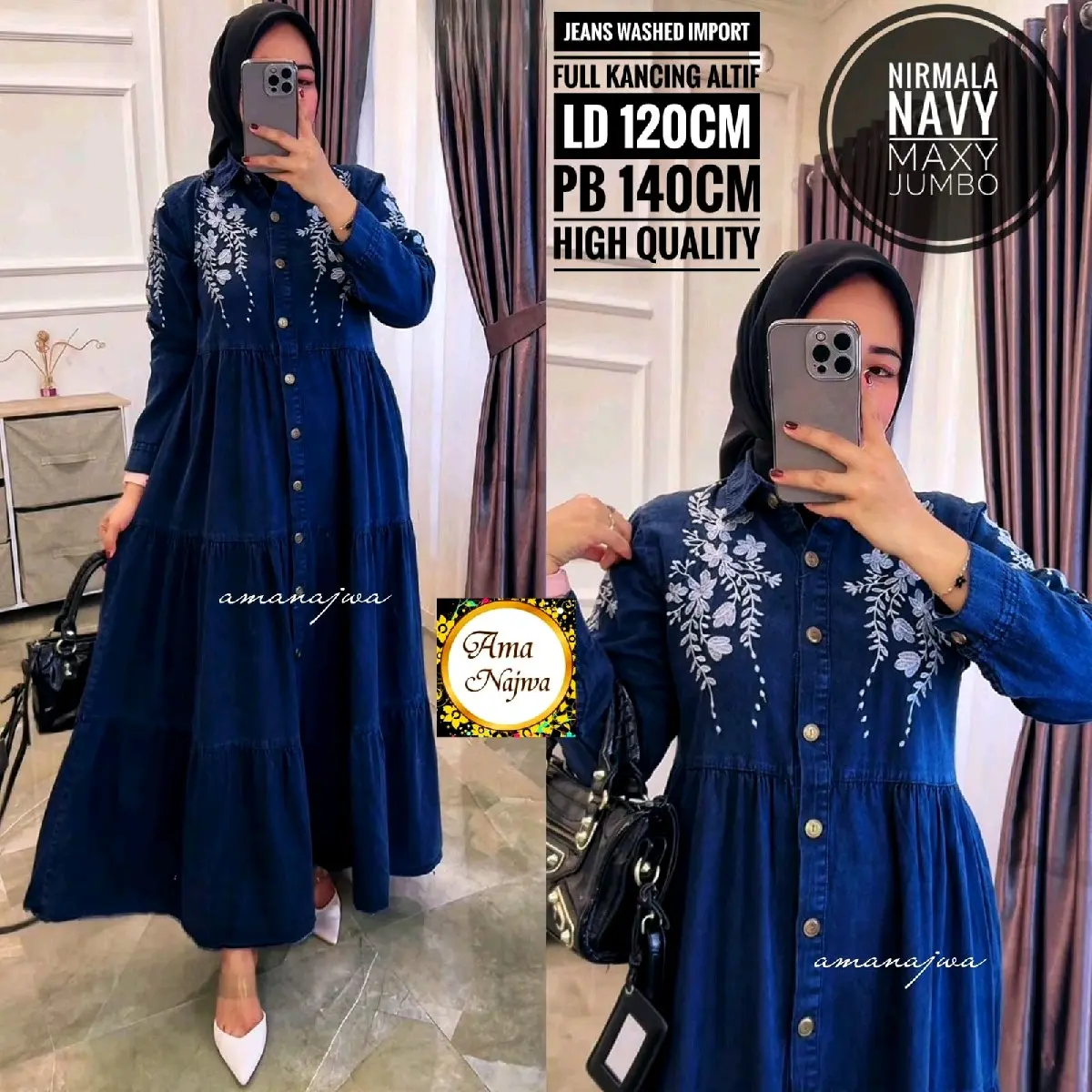 Gamis Nirmala Motif Bunga LD120 140 Kancing Aktif Big Size Fit to XXXXL Dress Panjang Wanita Muslim Maxi Lebaran - Syari, Remaja Simple