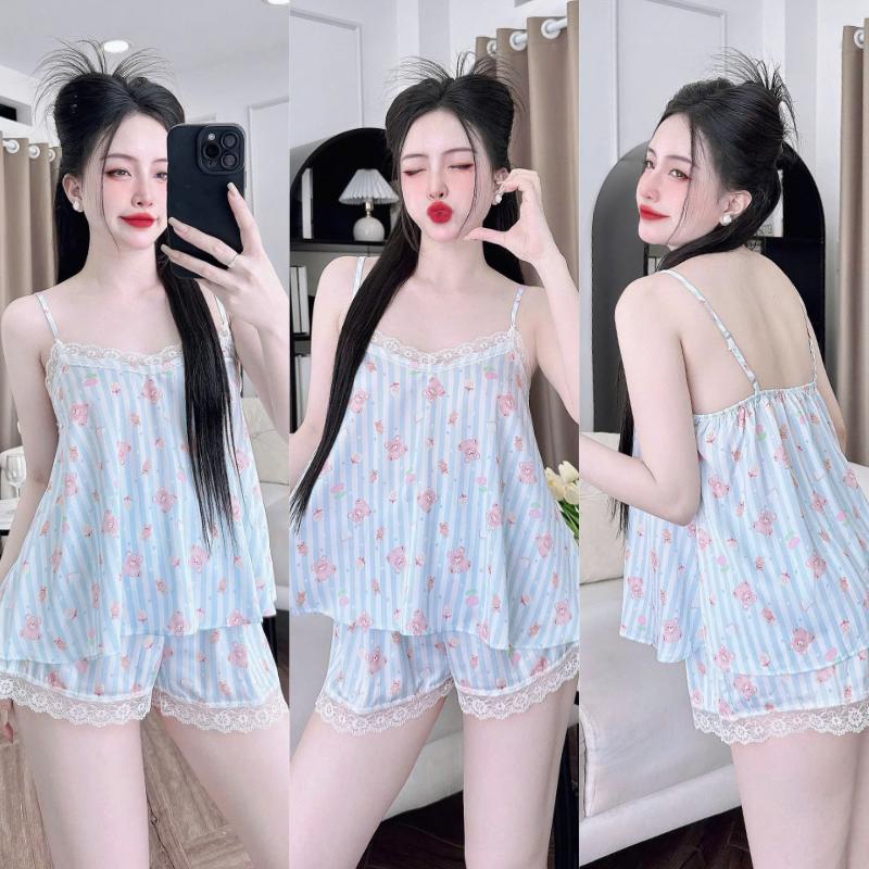 Bộ Đồ Ngủ Nữ Sexy HEUN YOUNG Đồ Bộ Nữ, Bộ Mặc Nhà 2 Dây Phối Ren Quần Đùi Lụa Latin Mềm Mịn FreeSize 40-65kg Áo Kem Women 9