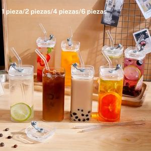 Set de Vasos de Vidrio Cuadrados con Tapas Herméticas y Popotes, Tazas de Café Reutilizables, Resistentes al Calor para Uso Doméstico, Vasos para Bebidas y Jugos de Una Capa