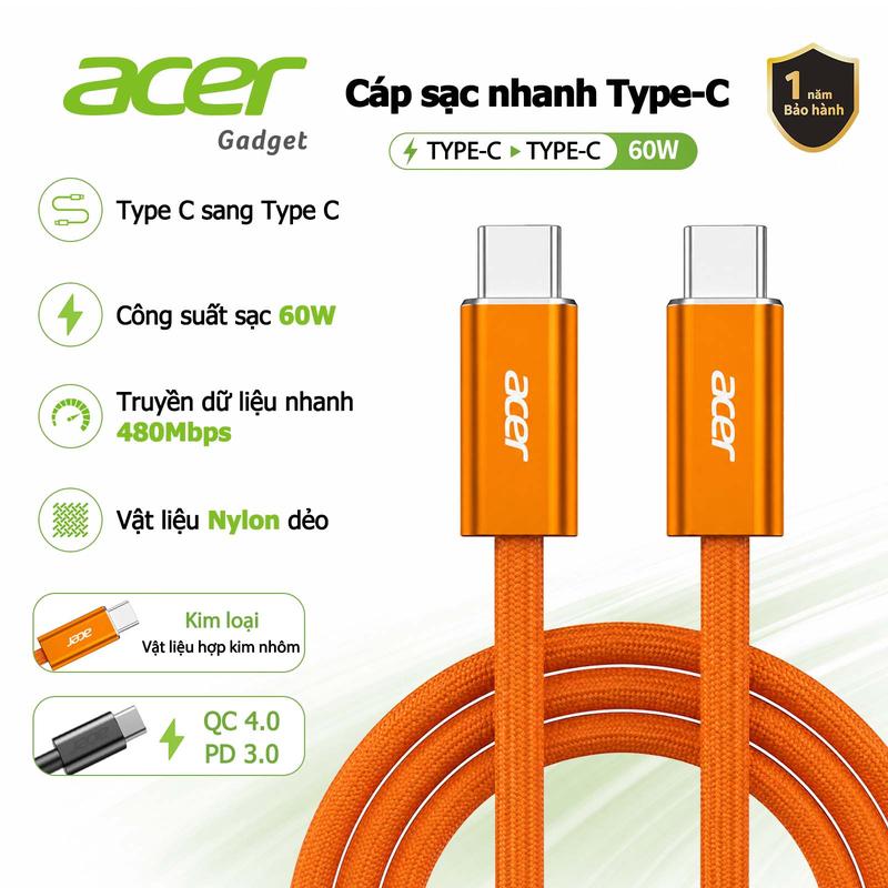 Acer Cáp sạc nhanh Type-C sang USB-C 60W PD Không Nóng Máy An Toàn Ổn Định Bảo Hành 12 Tháng Medusa truyền 480mbps Thích hợp cho IP15 16 17 máy tính bảng máy tính xách tay UC0024