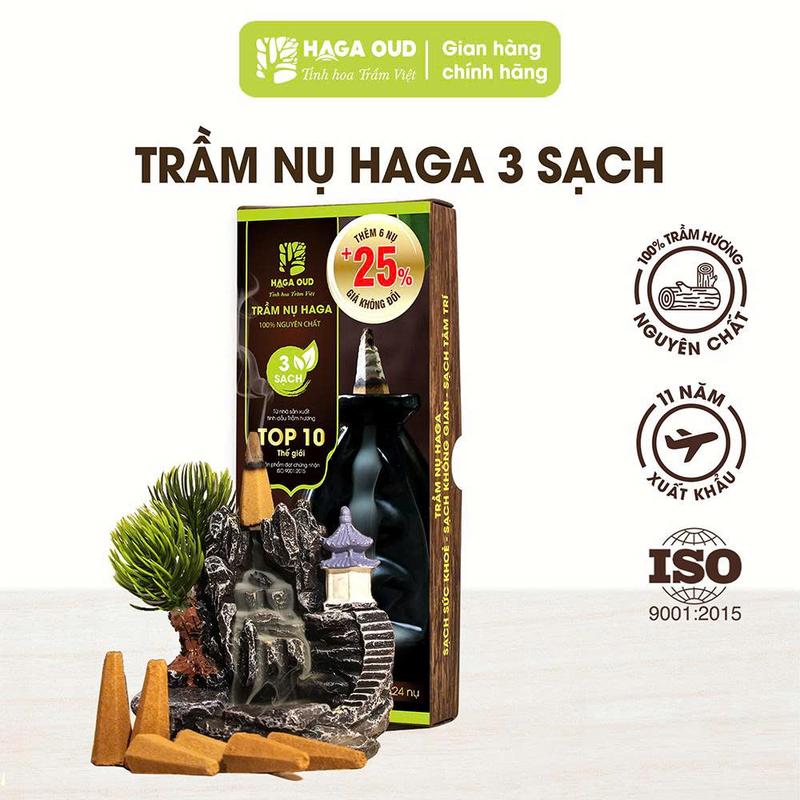 Nụ trầm hương Haga 3 Sạch, 100% bột trầm nguyên chất, Ngọt ấm, Xông Nhà Tẩy Uế, Thanh Lọc Không Gian, Thời Gian Cháy 25'-30 Phút, An Toàn Cho Người Sạch Sức Khỏe, Không Hóa Chất