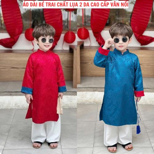  Áo dài bé trai chất gấm lụa 2 da cao cấp vân nổi Bộ áo dài cách tân phối màu kèm quần cho bé du xuân đi chơi Tết  lễ hội DA10- PRO1 