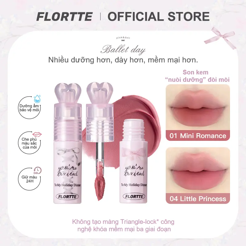 Son kem Flortte Small Bowknot --- kết cấu mờ lì, đồ trang điểm nữ sinh, lâu trôi, 5 màu để lựa chọn, set hộp đã bao gồm son dầu dưỡng môi, 2.2g