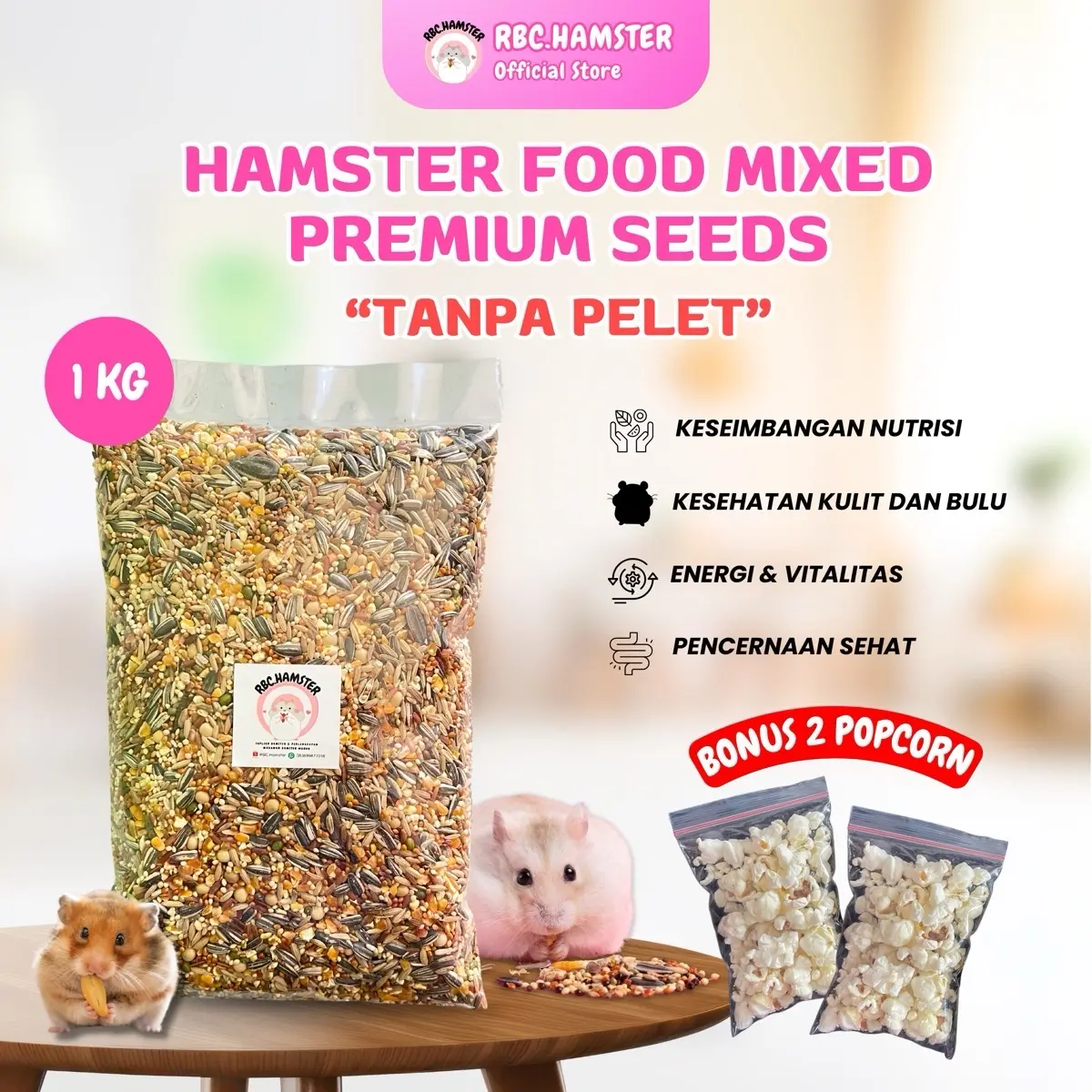 MAKANAN HAMSTER PREMIUM MIX 1KG, BONUS POPCORN, TANPA PELET & BEBAS KUTU!!