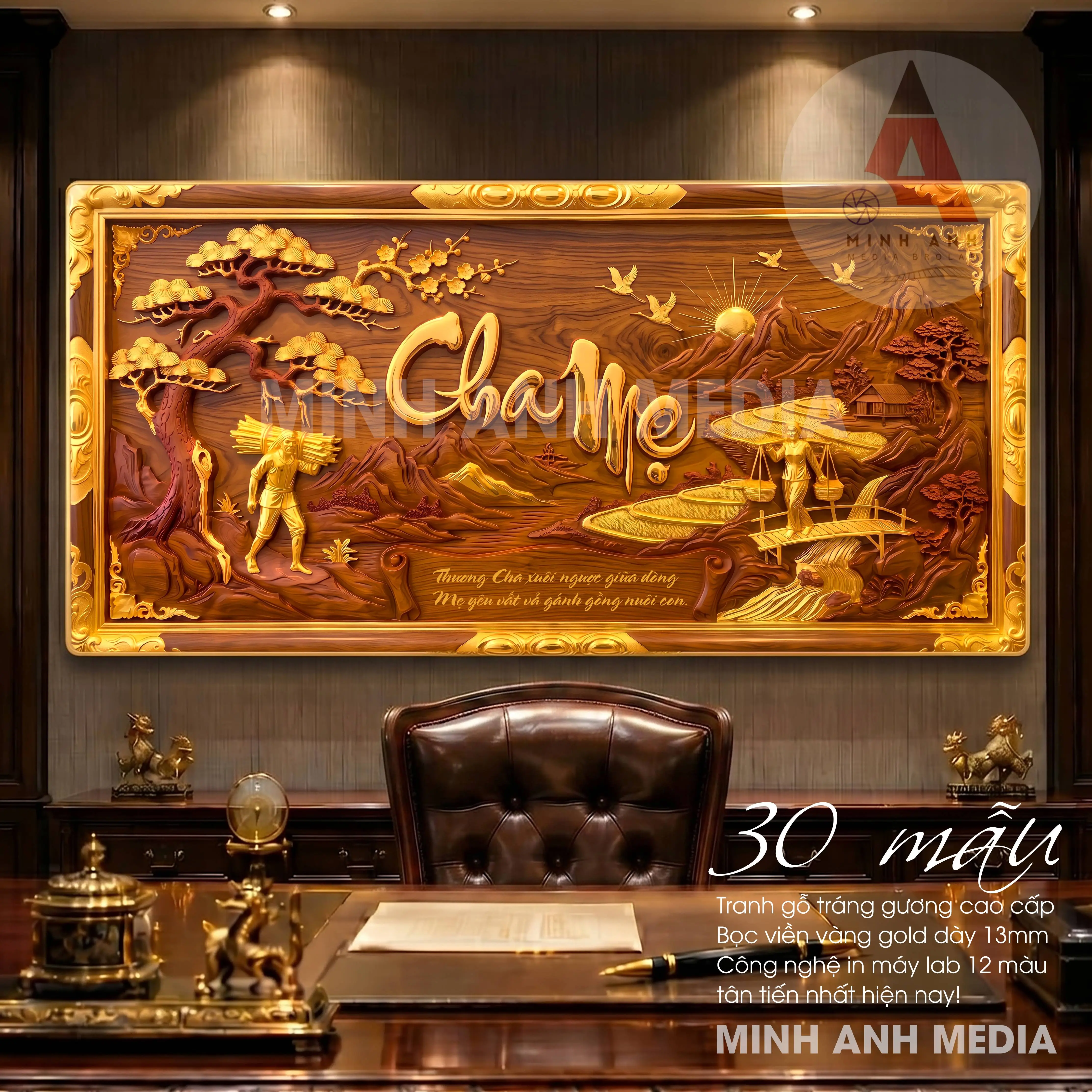 50 tranh gỗ l MINH ANH MEDIA - Tranh in trên gỗ - Tráng gương - Bọc viền vàng cao cấp dày 13mm - Mã đáo thành công, thuận buồm xuôi gió, cửu ngư quần hội, chim công, tùng hạc diên niên, cha mẹ