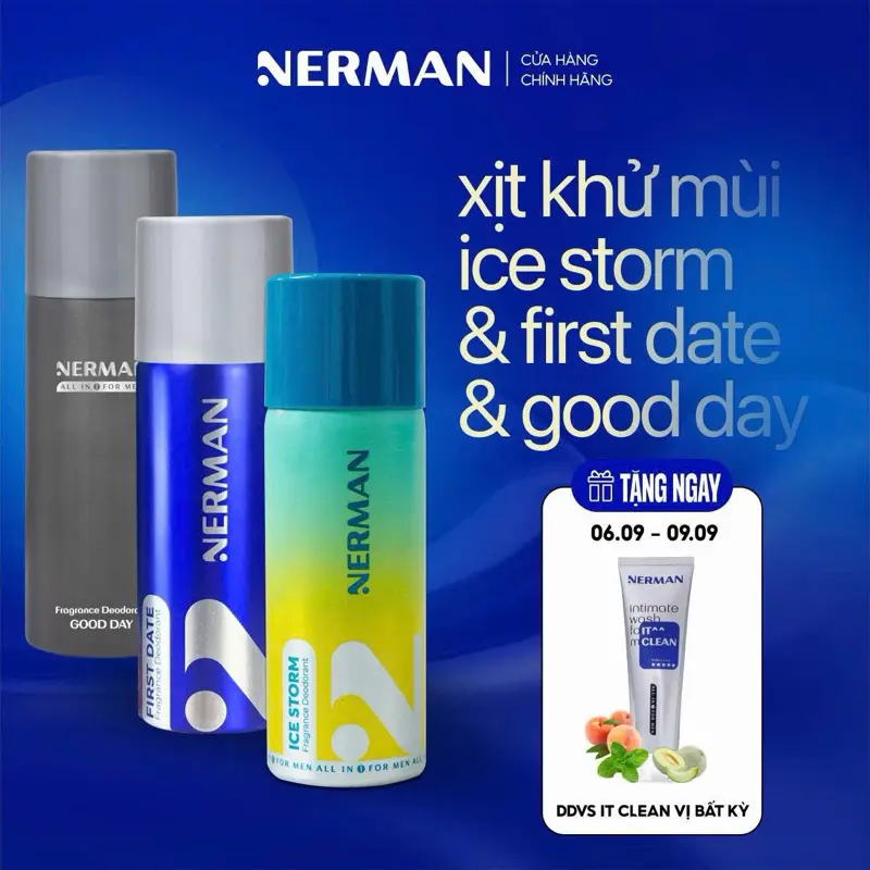 [Mua 3 tặng 1] Xịt khử mùi nam giới hương nước hoa Good Day, First Date, Ice Storm Nerman 100ml mall  [tặng 1 DDVS It Clean]