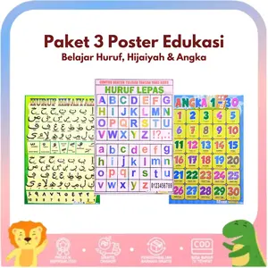 Paket 3 Poster Belajar Anak Edukasi Mengenal Huruf, Angka dan Hijaiyah