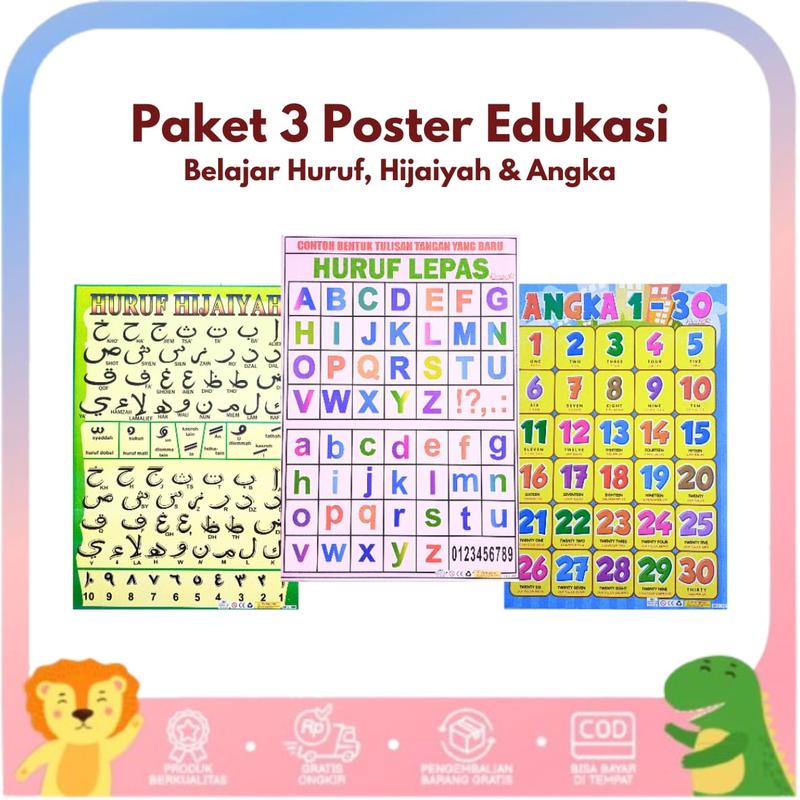 Paket 3 Poster Belajar Anak Edukasi Mengenal Huruf, Angka dan Hijaiyah 1