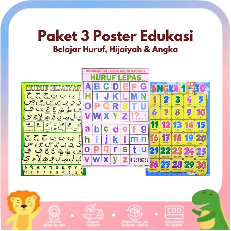 Paket 3 Poster Belajar Anak Edukasi Mengenal Huruf, Angka dan Hijaiyah 0
