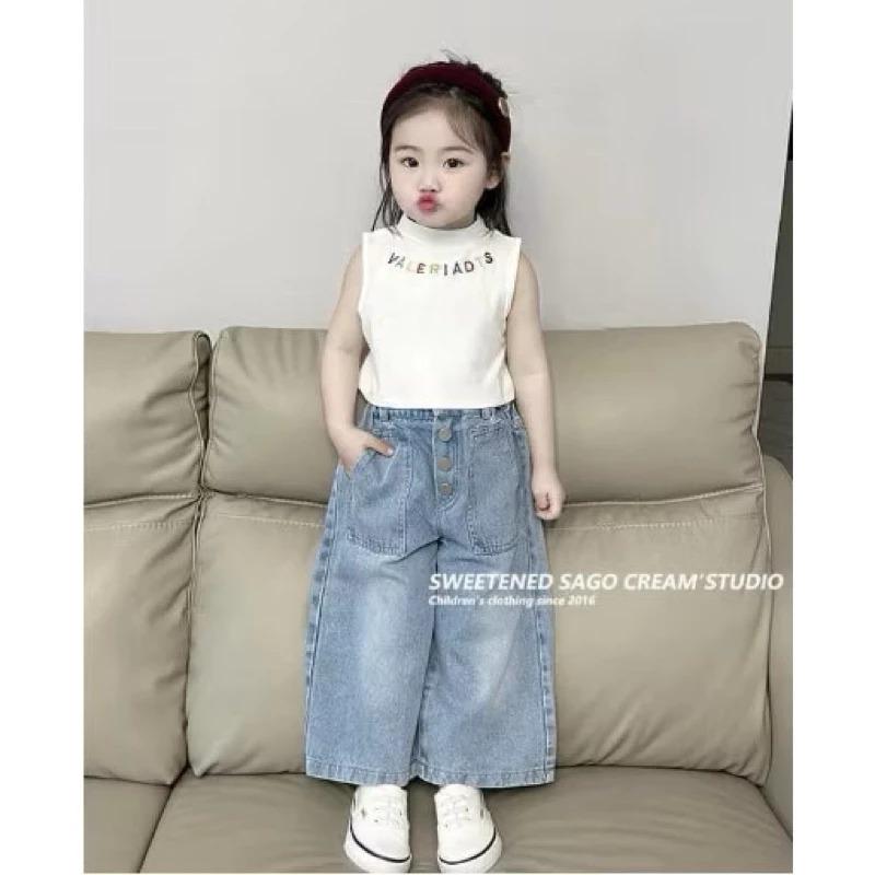 Quần bò ống rộng đính cúc cho bé gái dễ thương 12-25kg