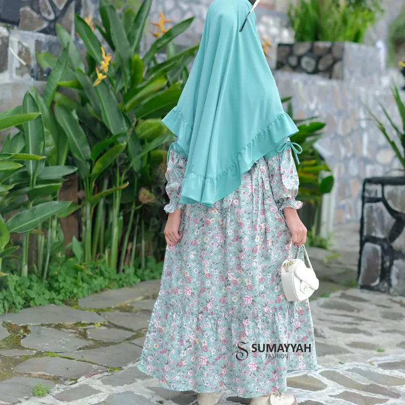 Gamis Rayon Anak Motif Bunga Set Jilbab Jersey Baju Muslim Perempuan Usia 3-10 Tahun 2