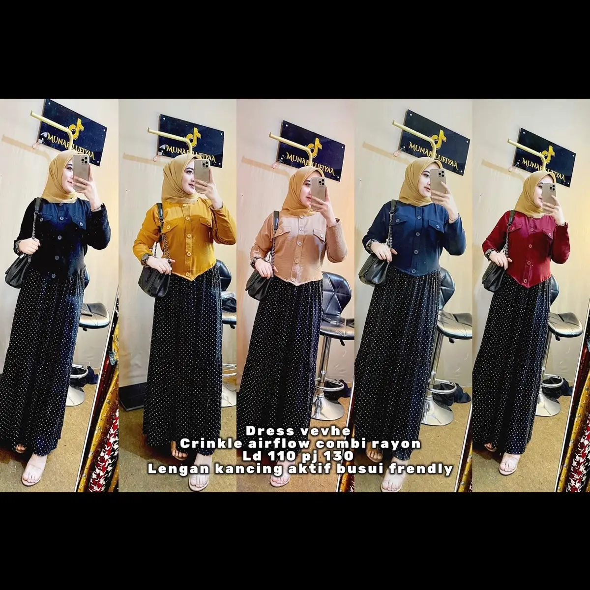 Dress vevhe // crinkle airflow // kombinasi katun rayon // kancing aktif busui friendy // kancing lengan aktif // rok mayung kerut pinggang Polka Dot