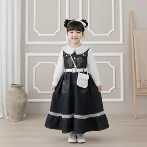 Gaun Alycia Jeans Snow Black Kerah Brukat Anak Farian Muslimah Kekinian Style Korean Usia 3-10 Tahun Baju Muslim Anak Perempuan Terbaru 2026 Size 3-10 Tahun Bahan Jeans Mix Brukat Cocok untuk Sehari-hari