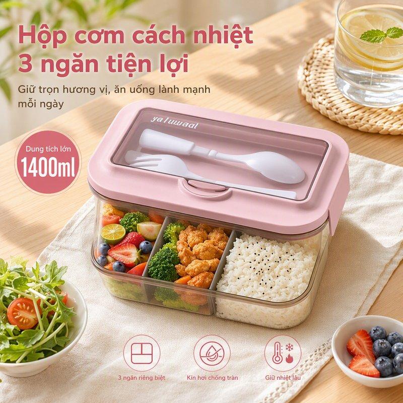 Hộp Cơm Trưa Hộp Bento Hộp Giữ Nhiệt 3 Ngăn Không Chứa BPA An Toàn Dùng Lò Vi Sống Ngăn Đông Phù Hợp Với Máy Rửa Bát Kèm Nĩa Muỗng Dung Tích 1400Ml Phù Hợp Với Nhân Viên Văn Phòng Học Sinh Sinh Viên Kích Thước 20.1 × 14.5 × 6.5 Cm