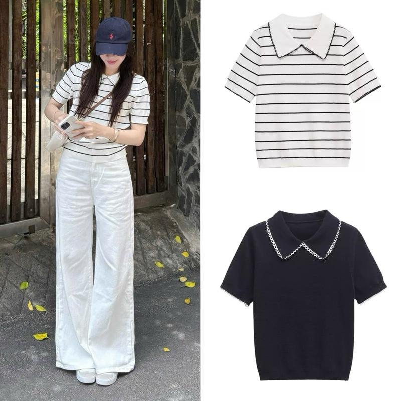 (ẢNH OLDSCHOOL) Áo len nữ mongtoghi mùa thu cổ polo viền ren cộc tay QC110