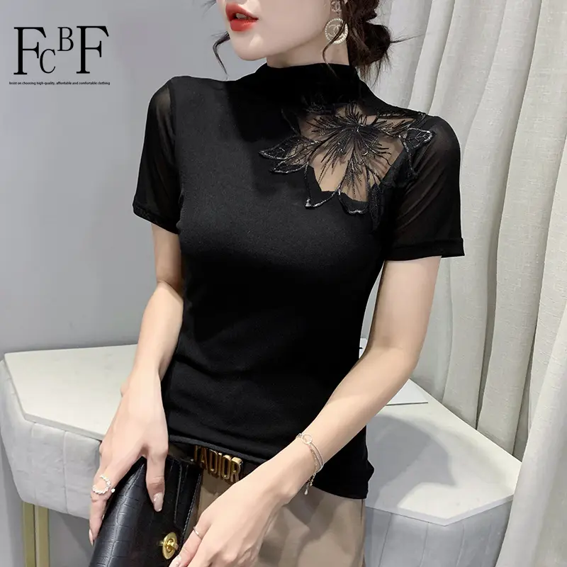 Áo Thun Tay Dài Gạc In Hình, FCBF, Dành Cho Nữ, Phong Cách Hợp Xu hướng Thời Trang, Thiết Kế Thêu Ren Dáng Ôm, Cổ Lọ, Bộ Sưu Tập Mùa Hè Mới 2025 Women Top Kem Voi Kem Voi Dài Tay Shirt áo  đính Voan