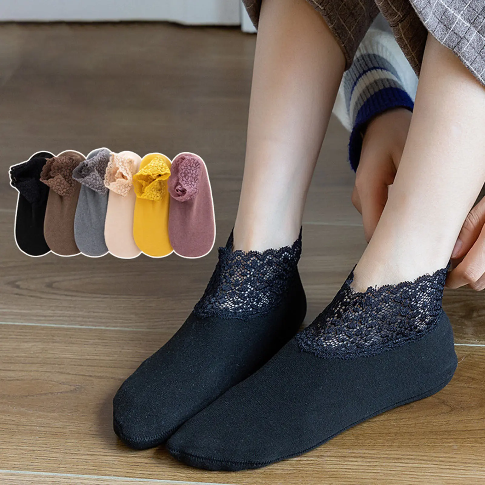1 Pair Ankle Socks Super Soft Lace Trim Non-Slip Highly Elastic Solid Color Stretchy Thicken Thermal Women Floor Socks