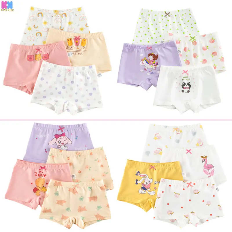 4pcs Girls Cotton Boxer Briefs Big Kids' underwear Cartoon Shorts Comfortable Bottom